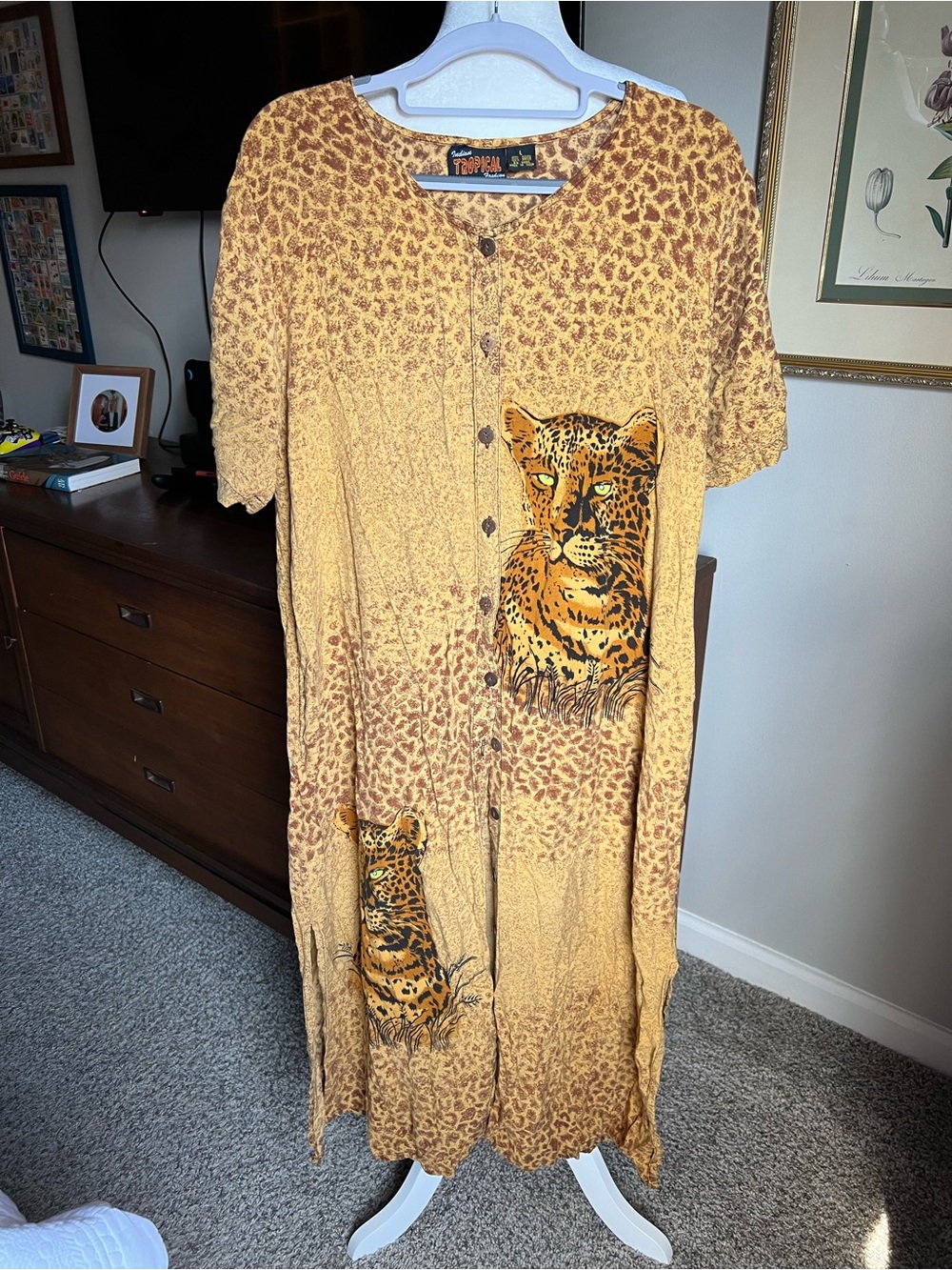 Tropical Leopard-Print Button-Front Maxi Dress